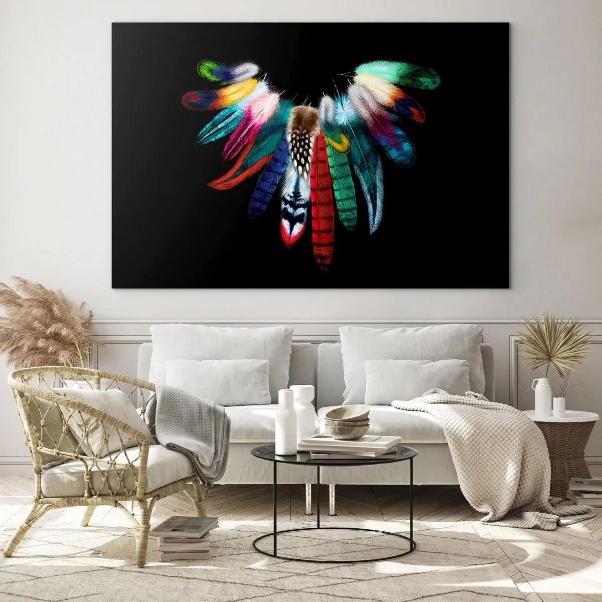 Impression sur verre - Image sur verre - Plumes colorées disposées en ailes sur fond noir - 70x50cm - Collier indien - Décoration murale moderne pour le salon et la chambre ARTTOR