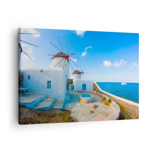 Impression sur toile - Image sur toile - Des moulins à vent blancs sur les rives de la mer bleue - 70x50cm - Le vent bleu de la mer - Décoration murale moderne pour le salon et la chambre ARTTOR