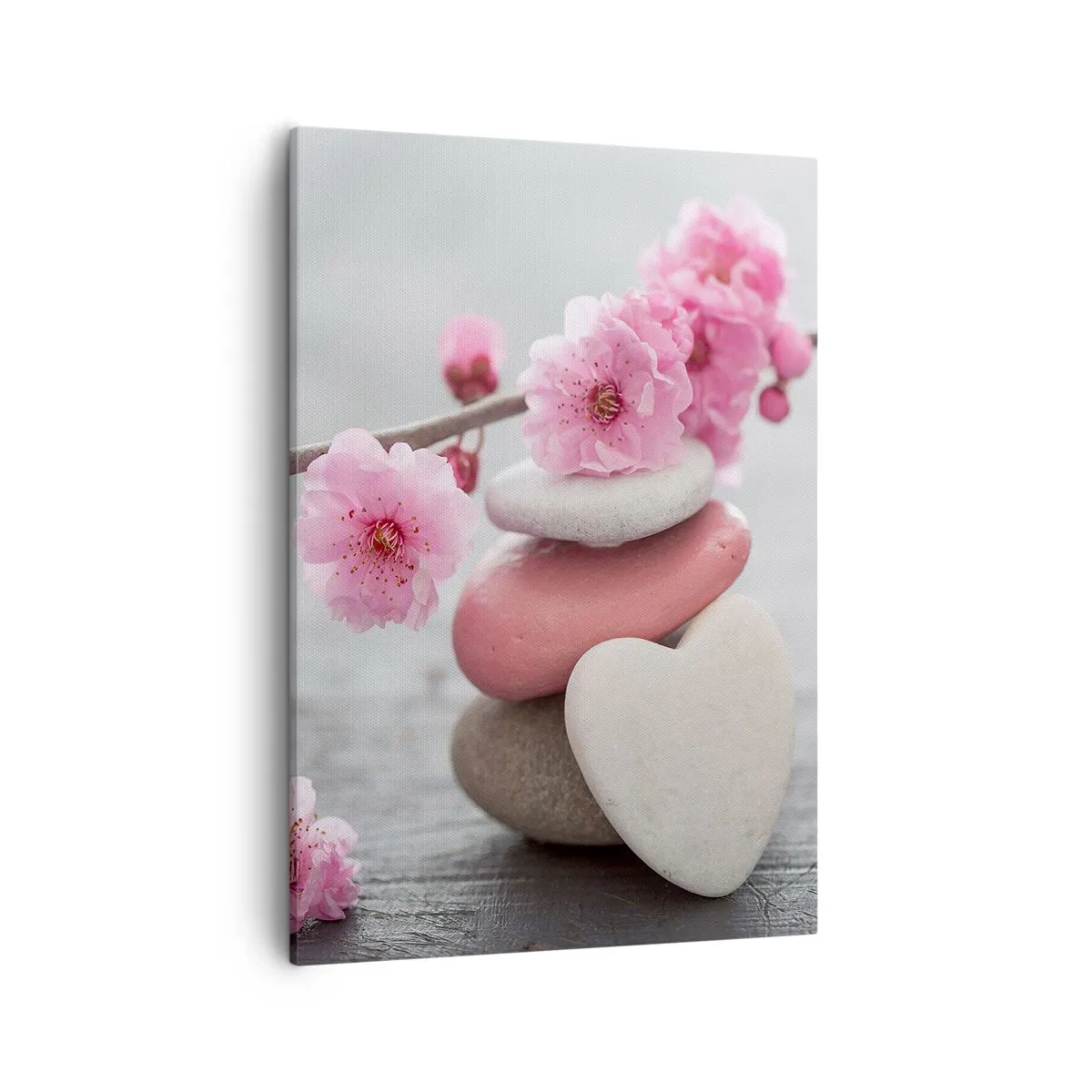 Impression sur toile - Image sur toile - Fleurs de cerisier délicates avec des pierres en forme de cœur - 50x70cm - Le bonheur avec une fleur de cerisier - Décoration murale moderne pour le salon et la chambre ARTTOR