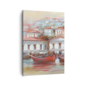 Impression sur toile - Image sur toile - Bateaux colorés et bâtiments pittoresques au bord de l'eau dans des tons pastel - 50x70cm - Petite ville heureuse - Décoration murale moderne pour le salon et la chambre ARTTOR