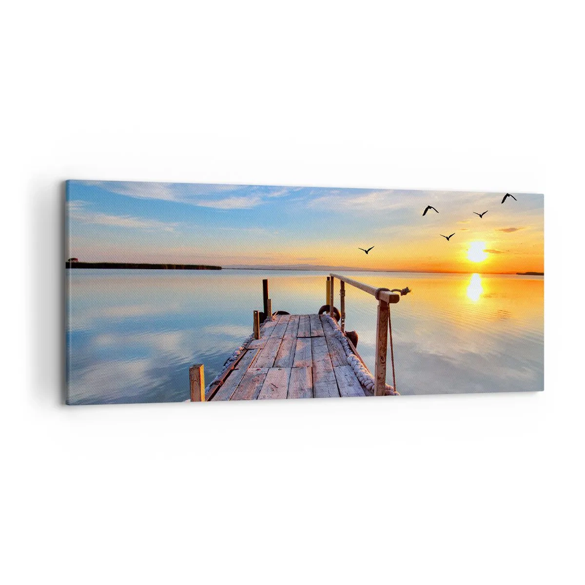 Impression sur toile - Image sur toile - Jetée en bois au coucher du soleil sur un lac calme - 120x50cm - Marcher droit vers le soleil - Décoration murale moderne pour le salon et la chambre ARTTOR