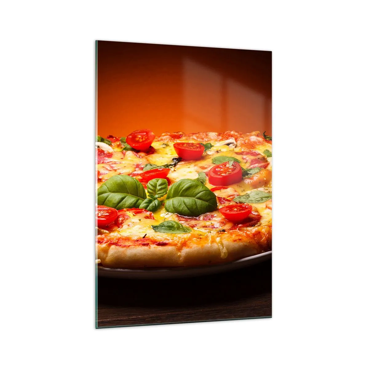 Impression sur verre - Image sur verre - Pizza aux tomates et au basilic sur une table en bois - 70x100cm - Mamma mia! - Décoration murale moderne pour le salon et la chambre ARTTOR