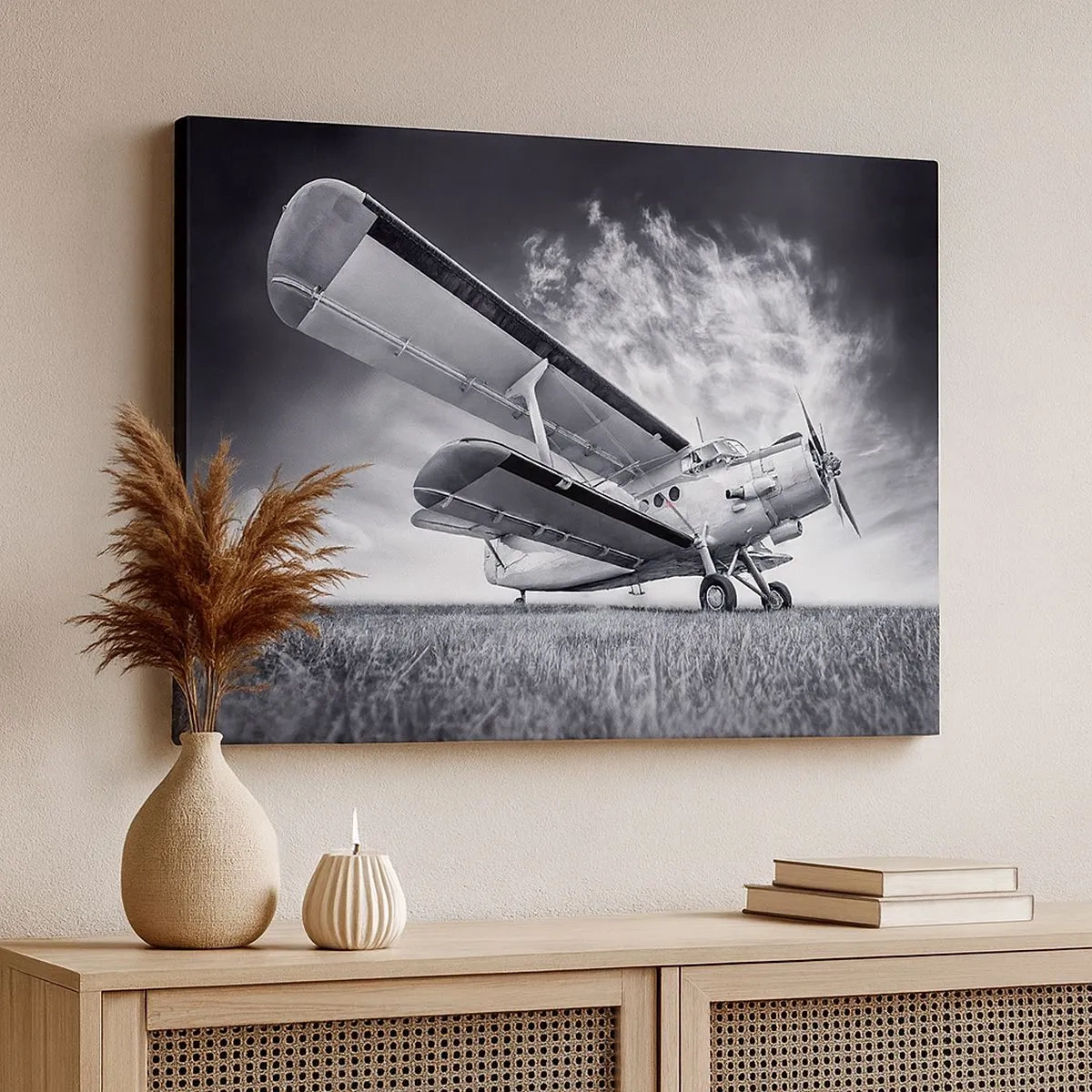 Impression sur toile - Image sur toile - Un avion contre un ciel dramatique en noir et blanc - 70x50cm - Le pèlerin ailé - Décoration murale moderne pour le salon et la chambre ARTTOR