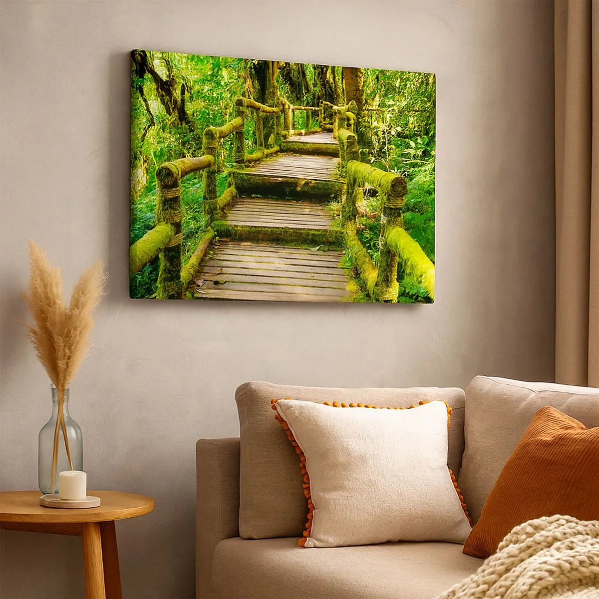 Impression sur toile - Image sur toile - Un pont en bois recouvert de mousse dans une forêt tropicale - 70x50cm - Un couloir de verdure - Décoration murale moderne pour le salon et la chambre ARTTOR
