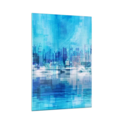 Impression sur verre - Image sur verre - Panorama urbain abstrait dans des tons bleus - 80x120cm - Noyé dans le bleu - Décoration murale moderne pour le salon et la chambre ARTTOR