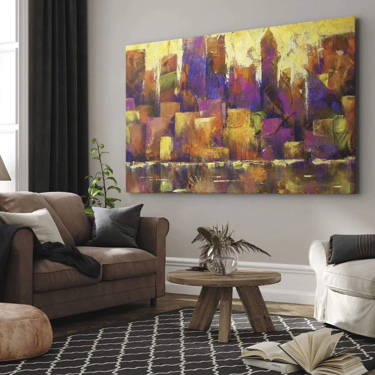 Impression sur toile - Image sur toile - Composition abstraite d'une métropole dans les tons jaune et violet - 120x80cm - Composition métropolitaine - Décoration murale moderne pour le salon et la chambre ARTTOR