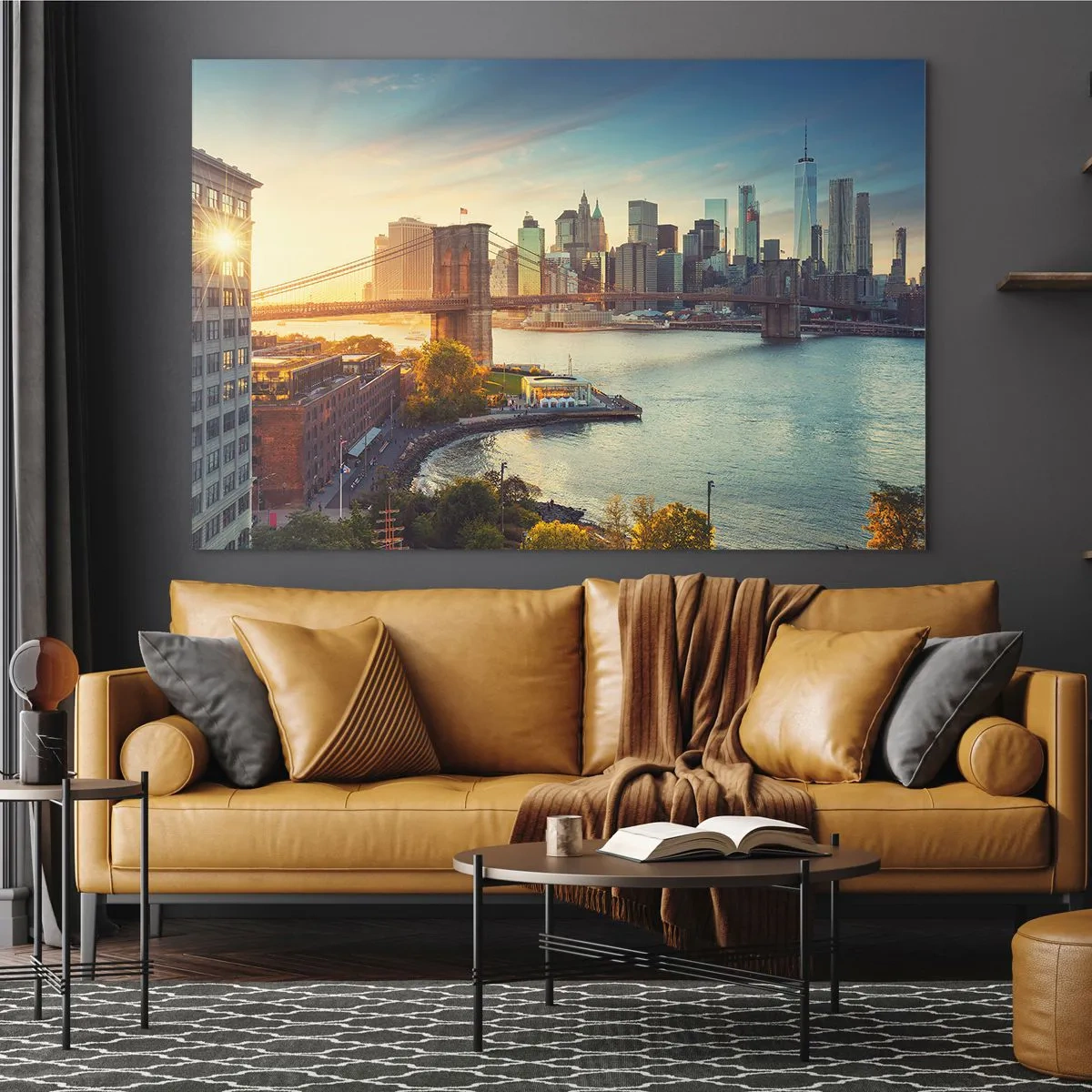 Impression sur verre - Image sur verre - Panorama de New York avec le pont de Brooklyn - 120x80cm - L'aube de la grande ville - Décoration murale moderne pour le salon et la chambre ARTTOR