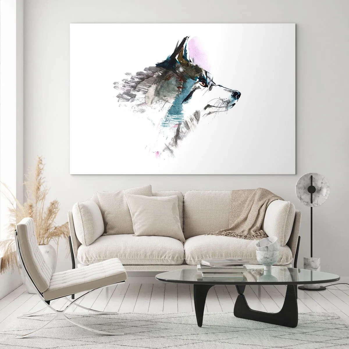 Impression sur verre - Image sur verre - Loup dans un style aquarelle artistique sur fond blanc - 120x80cm - On parle du loup - Décoration murale moderne pour le salon et la chambre ARTTOR