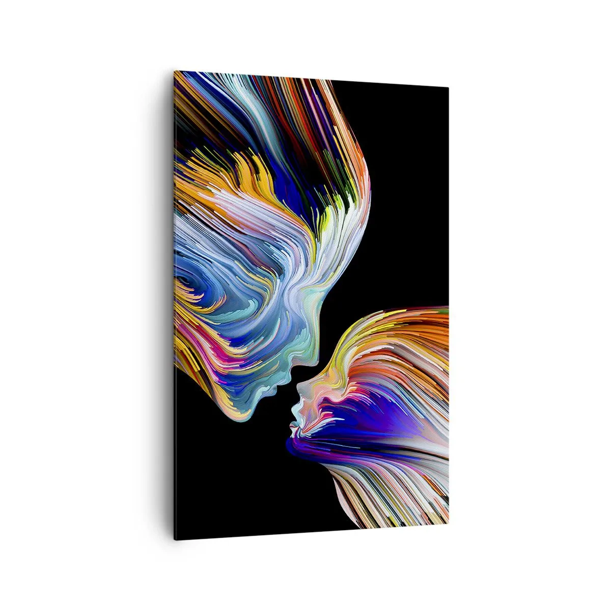 Impression sur toile - Image sur toile - Silhouettes colorées de visages dans des flux dynamiques sur fond noir - 80x120cm - Une fusion d'énergie et de lumière - Décoration murale moderne pour le salon et la chambre ARTTOR