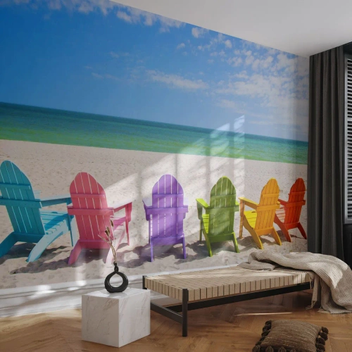 Papier peint sur mesure Premium Canvas - Plage arc-en-ciel - Paysage, Plage, Chaises longues