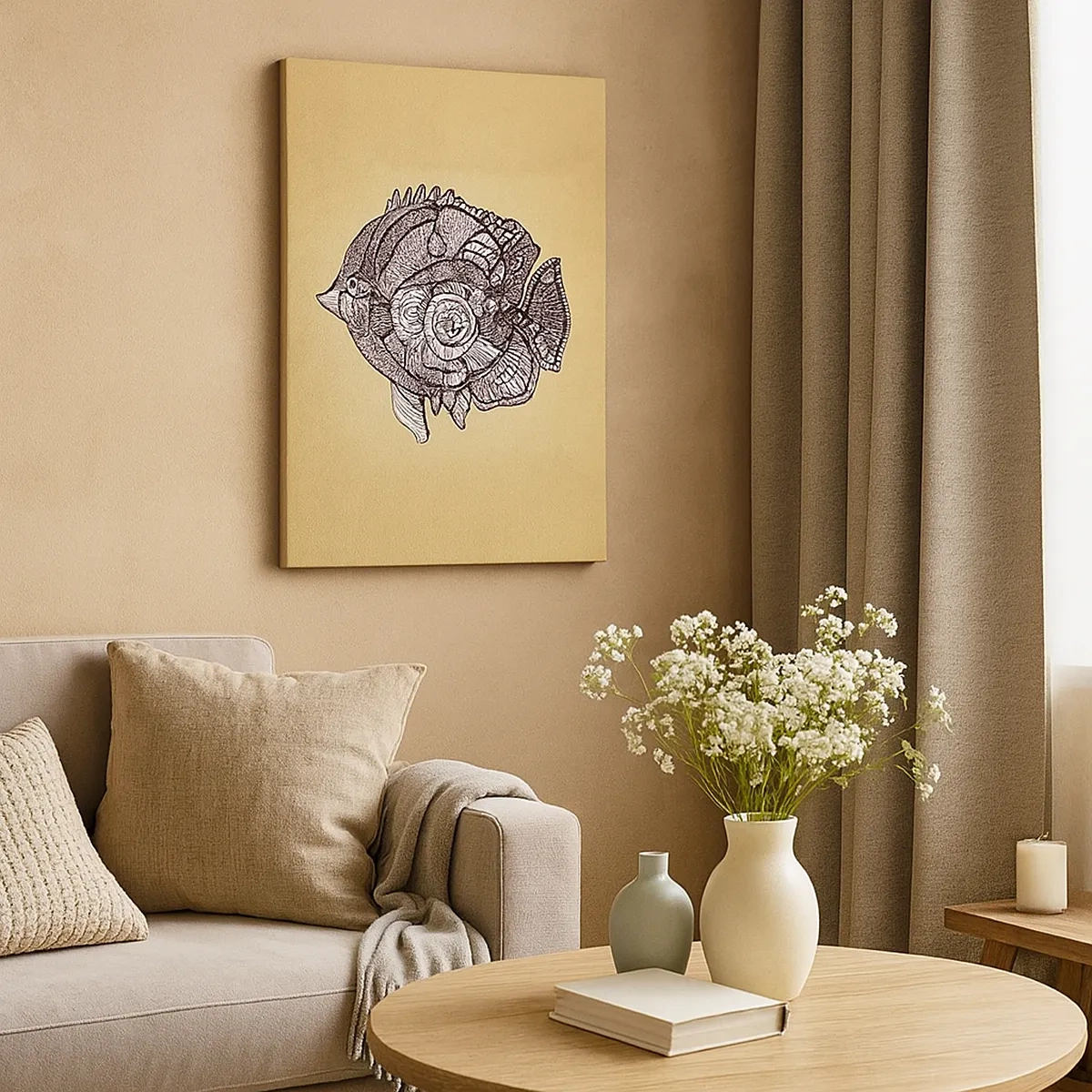 Impression sur toile - Image sur toile - Poisson décoratif dans un style de dessin avec des motifs - 50x70cm - D'un océan d'ornements - Décoration murale moderne pour le salon et la chambre ARTTOR