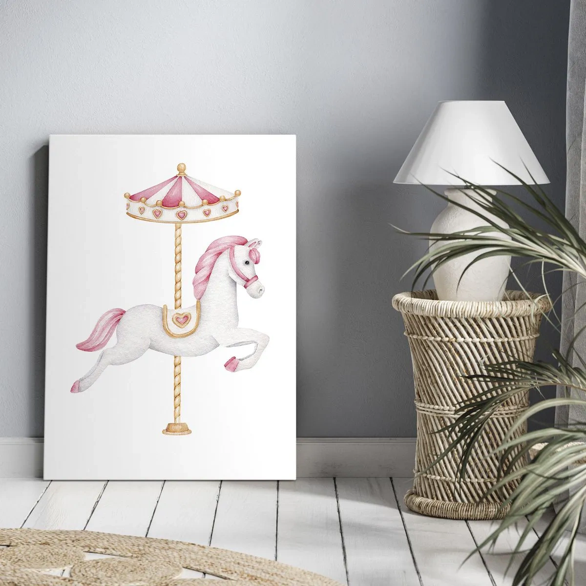 Impression sur toile - Image sur toile - Un cheval de carrousel aux tons pastel de rose - 50x70cm - Les sabots en avant - Décoration murale moderne pour le salon et la chambre ARTTOR