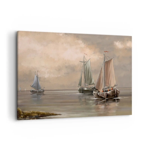 Impression sur toile - Image sur toile - Voiliers sur une mer calme dans un décor pastel - 100x70cm - Le retour des marins - Décoration murale moderne pour le salon et la chambre ARTTOR