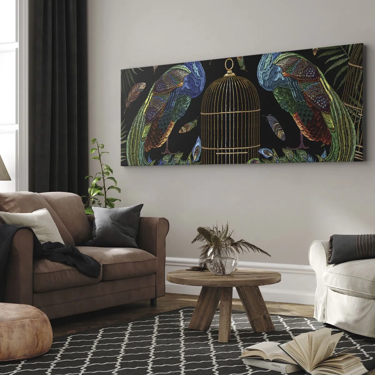 Impression sur toile - Image sur toile - Paons à côté d'une cage dorée sur fond noir - 120x50cm - En robes royales - Décoration murale moderne pour le salon et la chambre ARTTOR