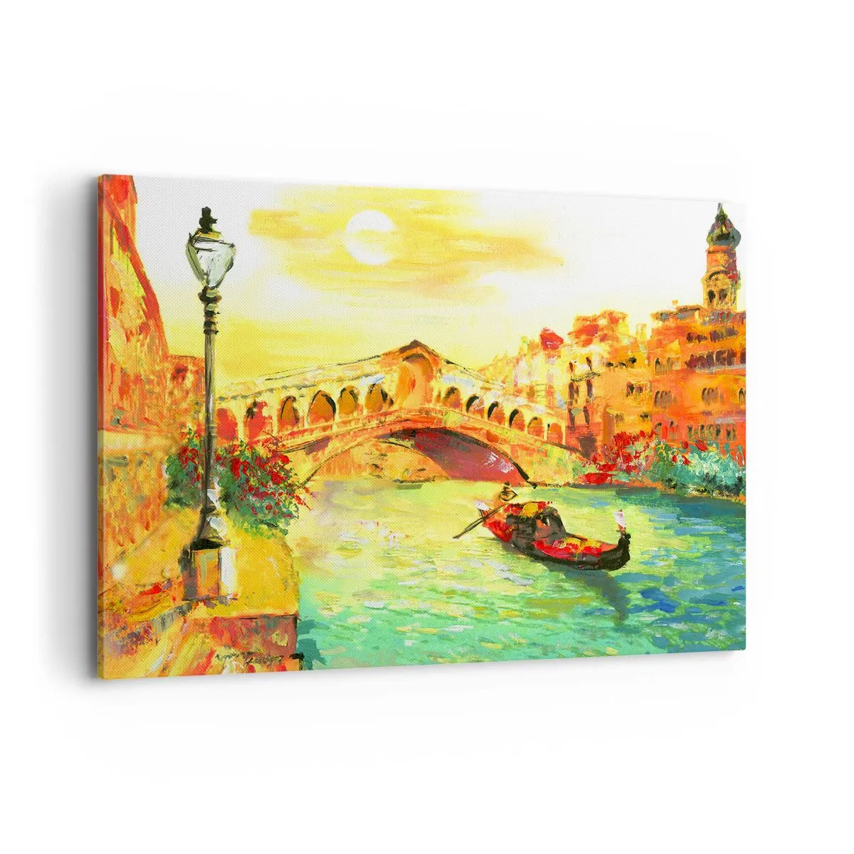 Impression sur toile - Image sur toile - Un pont pittoresque sur le canal avec une gondole à la lumière du soleil couchant - 120x80cm - Un pèlerinage d'amoureux - Décoration murale moderne pour le salon et la chambre ARTTOR