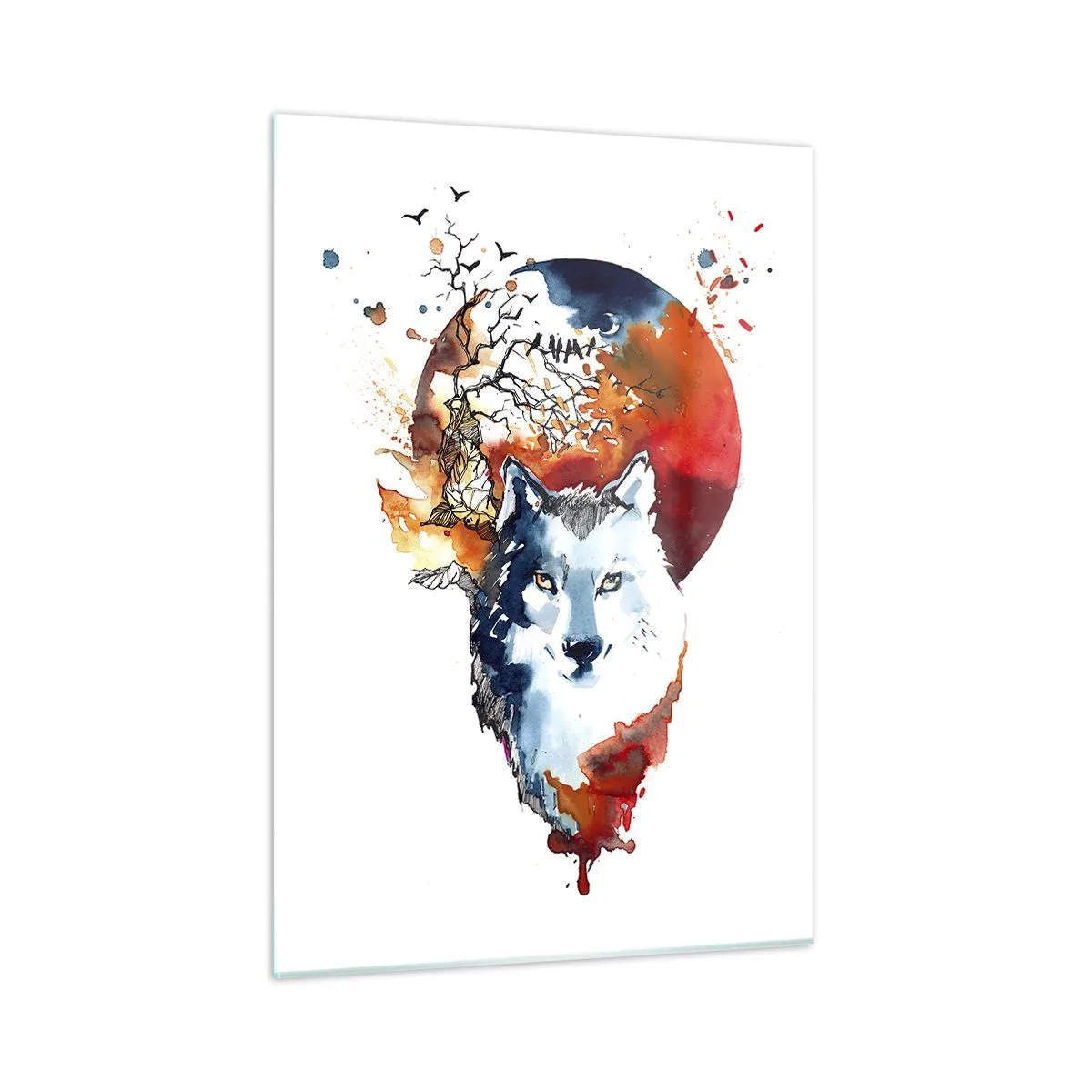 Impression sur verre - Image sur verre - Illustration d'un loup avec une pleine lune en arrière-plan - 50x70cm - Nez à nez avec la nuit - Décoration murale moderne pour le salon et la chambre ARTTOR