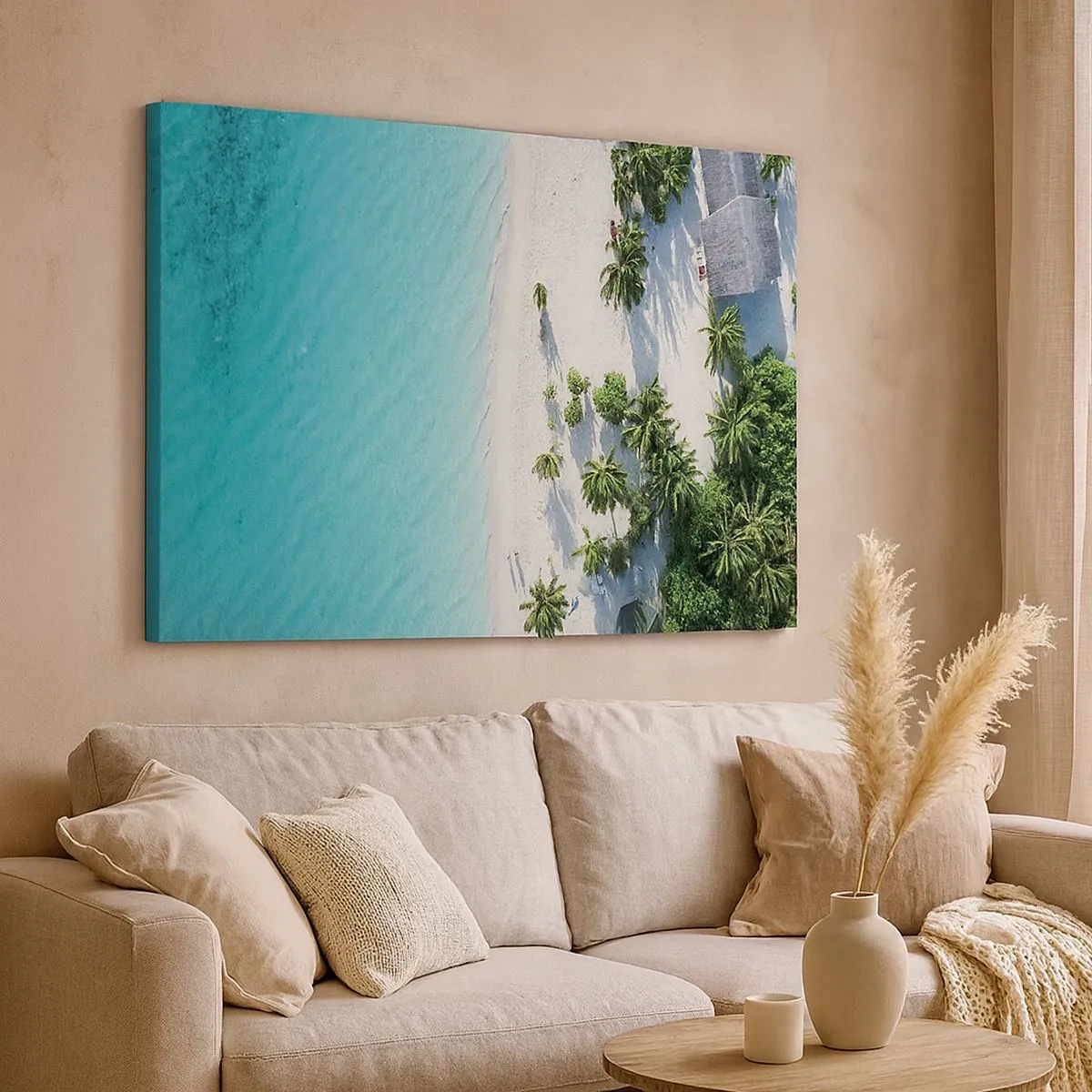 Impression sur toile - Image sur toile - Vue plongeante sur une plage tropicale avec de l'eau turquoise et des palmiers - 70x50cm - Vacances au paradis - Décoration murale moderne pour le salon et la chambre ARTTOR