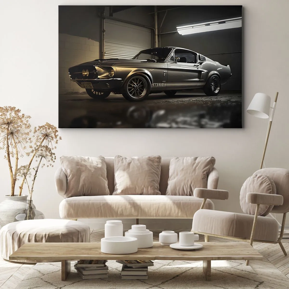 Impression sur toile - Image sur toile - Voiture classique dans un garage rétro - 100x70cm - Retour dans le passé - Décoration murale moderne pour le salon et la chambre ARTTOR