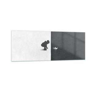 Impression sur verre - Image sur verre - Une figure d'enfant avec un bateau en papier sur un fond de moitiés contrastées - 140x50cm - Grande expédition - Décoration murale moderne pour le salon et la chambre ARTTOR