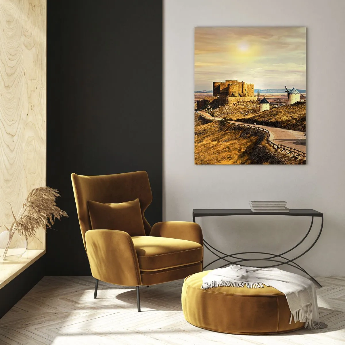 Impression sur verre - Image sur verre - Moulins à vent et château dans le paysage au coucher du soleil - 50x70cm - Don Quichotte est sur le point d'arriver - Décoration murale moderne pour le salon et la chambre ARTTOR