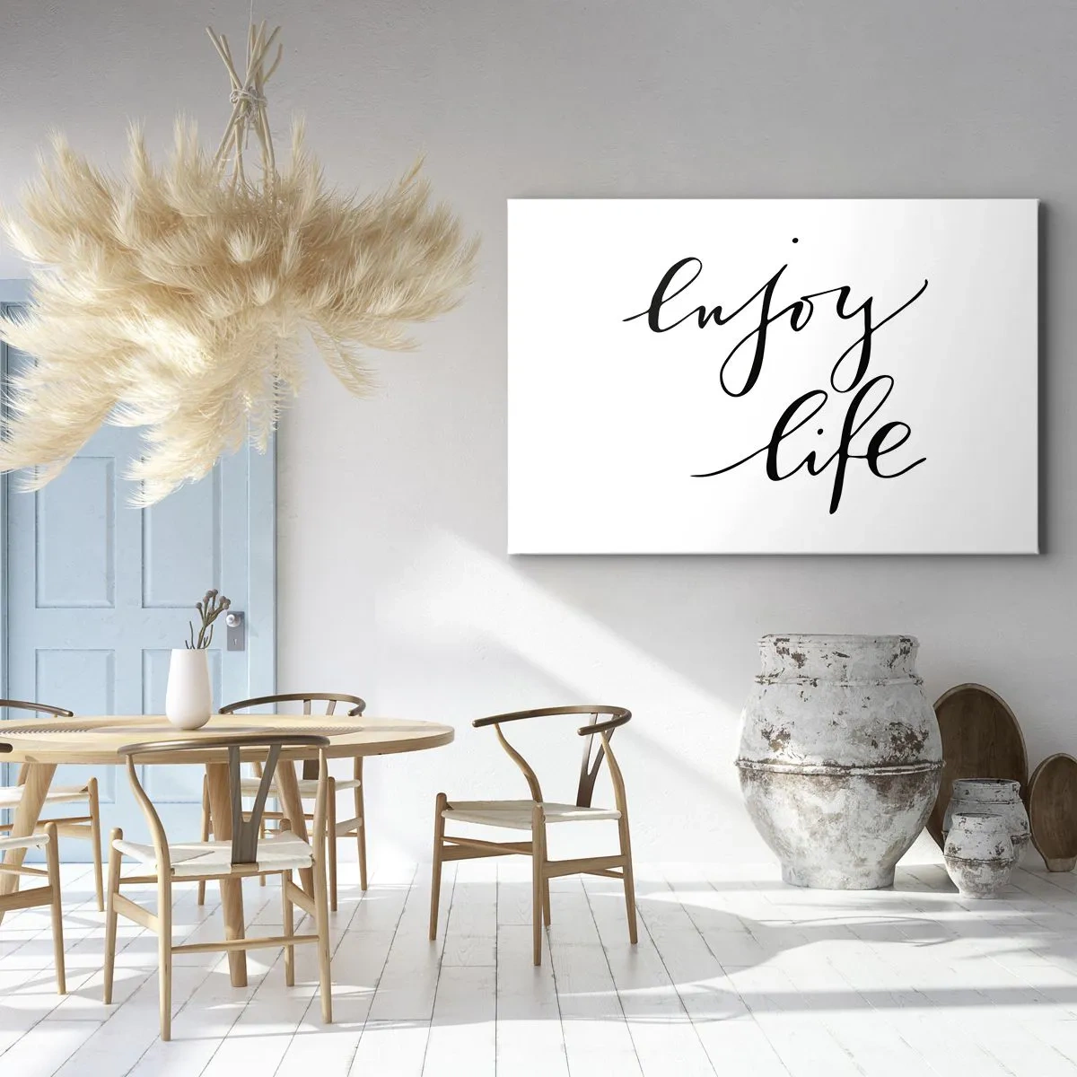 Impression sur toile - Image sur toile - La citation «Profitez de la vie» en calligraphie noire sur fond blanc - 70x50cm - Rien à ajouter.... - Décoration murale moderne pour le salon et la chambre ARTTOR