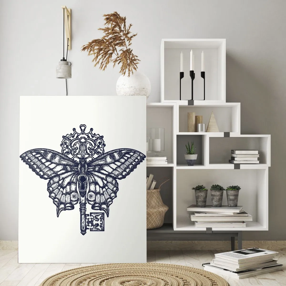 Impression sur verre - Image sur verre - Illustration d'un papillon avec une clé au centre - 50x70cm - Tous les secrets du coeur - Décoration murale moderne pour le salon et la chambre ARTTOR