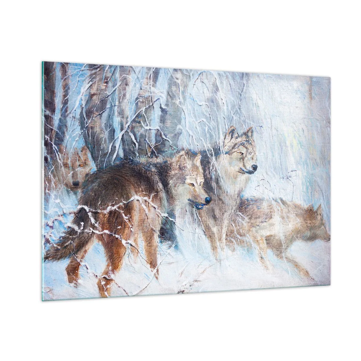 Impression sur verre - Image sur verre - Trois loups dans une forêt hivernale entourée de neige - 100x70cm - Attention! Ca arrive ... - Décoration murale moderne pour le salon et la chambre ARTTOR