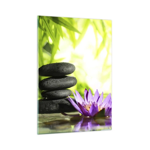 Impression sur verre - Image sur verre - Fleur de lotus violette avec des pierres zen sur fond vert - 50x70cm - Dans un buisson de bambou - Décoration murale moderne pour le salon et la chambre ARTTOR