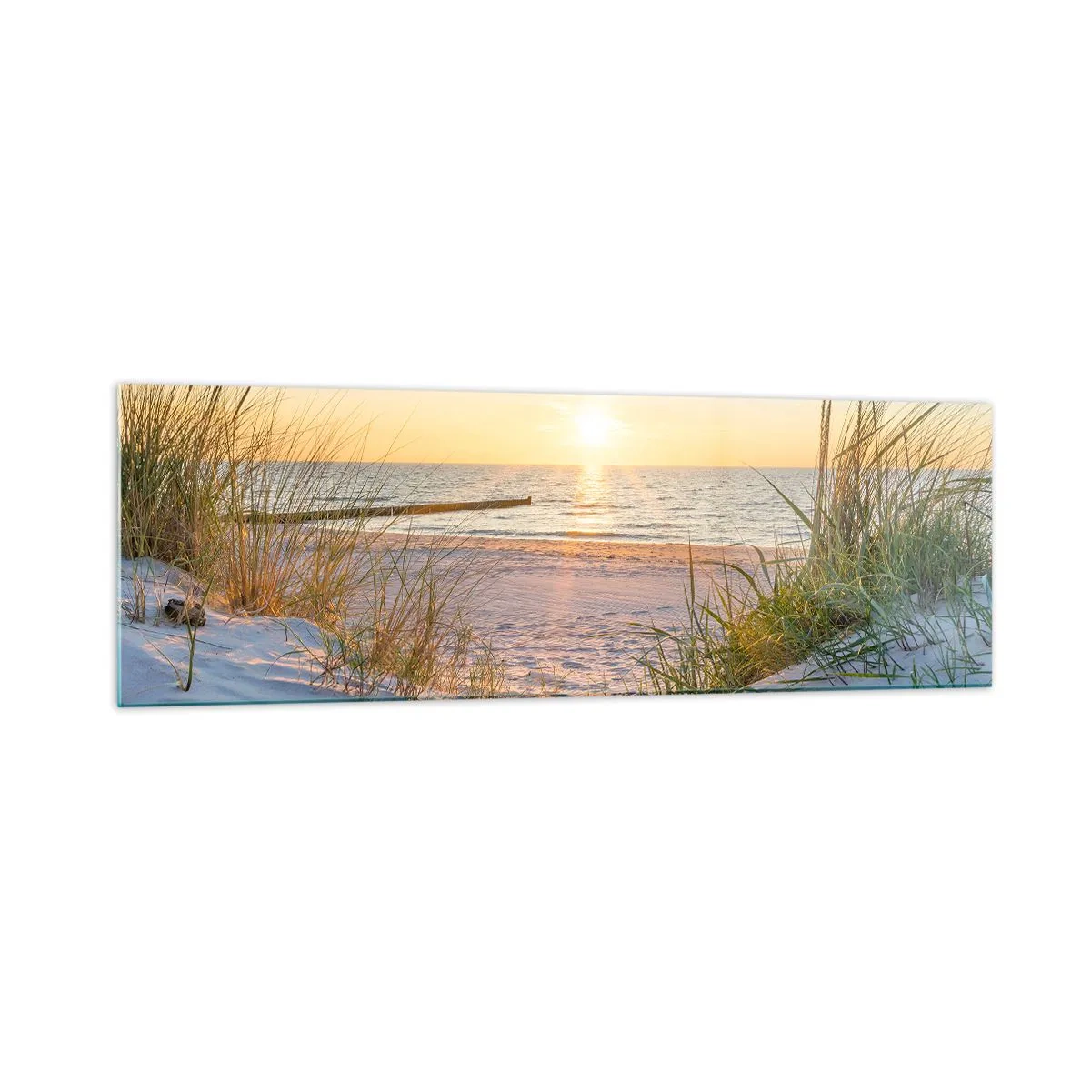 Impression sur verre - Image sur verre - Une plage de sable avec vue sur le coucher de soleil sur la mer - 160x50cm - Le bruit de la mer, le chant des oiseaux, une plage sauvage parmi les herbes… - Décoration murale moderne pour le salon et la chambre ART