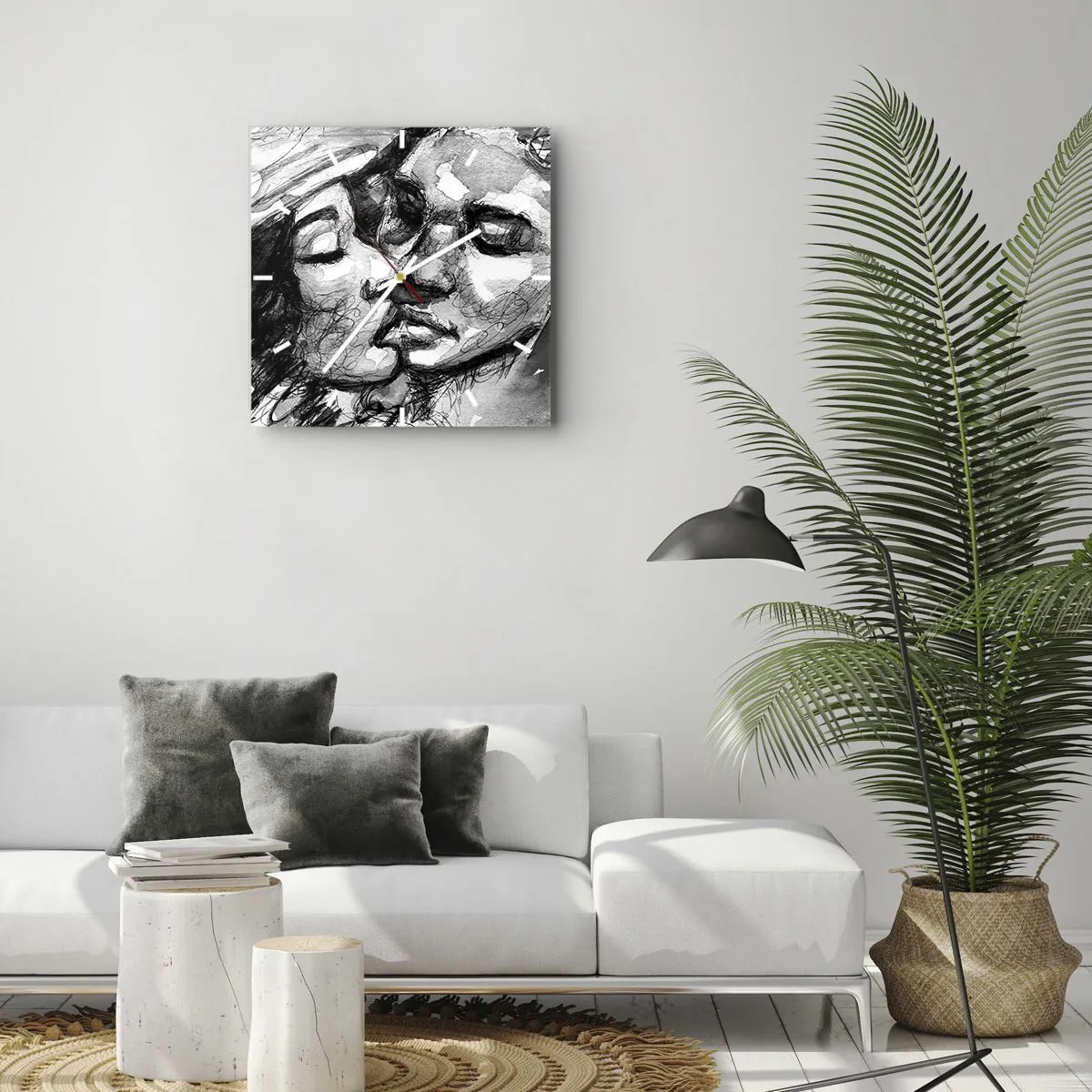 Horloge murale - Pendule murale - Une aquarelle en noir et blanc représentant un moment intime entre deux personnes. - 30x30cm - Un moment tendre - Décoration murale moderne pour le salon et la chambre ARTTOR