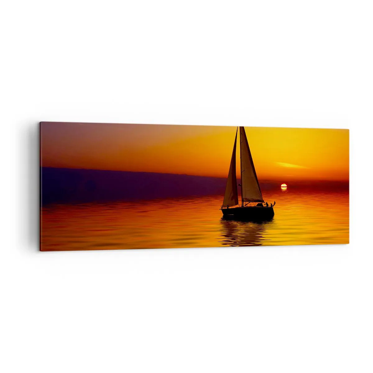 Impression sur toile - Image sur toile - Un voilier sur une mer calme au coucher du soleil - 140x50cm - Comme c'est calme au crépuscule… - Décoration murale moderne pour le salon et la chambre ARTTOR