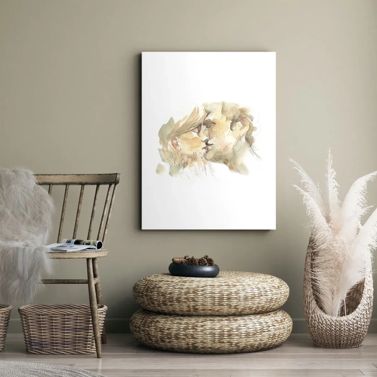 Impression sur toile - Image sur toile - Portrait romantique à l'aquarelle d'un couple s'embrassant - 70x100cm - A moitié trouvé ? - Décoration murale moderne pour le salon et la chambre ARTTOR