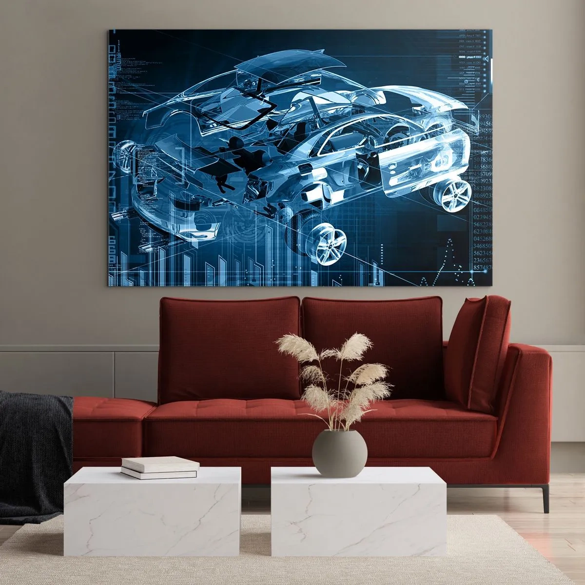 Impression sur verre - Image sur verre - Schéma technologique d'une voiture de style futuriste - 70x50cm - Anatomie de l'ingénierie - Décoration murale moderne pour le salon et la chambre ARTTOR