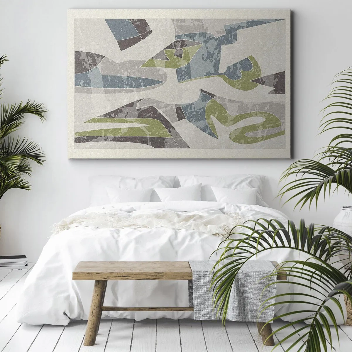 Impression sur toile - Image sur toile - Formes abstraites en vert et bleu sur fond clair - 120x80cm - Composition derrière la vitre - Décoration murale moderne pour le salon et la chambre ARTTOR