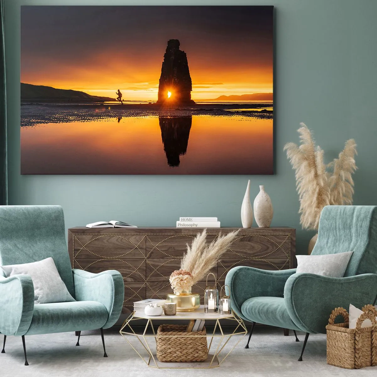 Impression sur toile - Image sur toile - Personne courant sur la plage au coucher du soleil avec formation rocheuse - 100x70cm - Juste vous et la nature - Décoration murale moderne pour le salon et la chambre ARTTOR