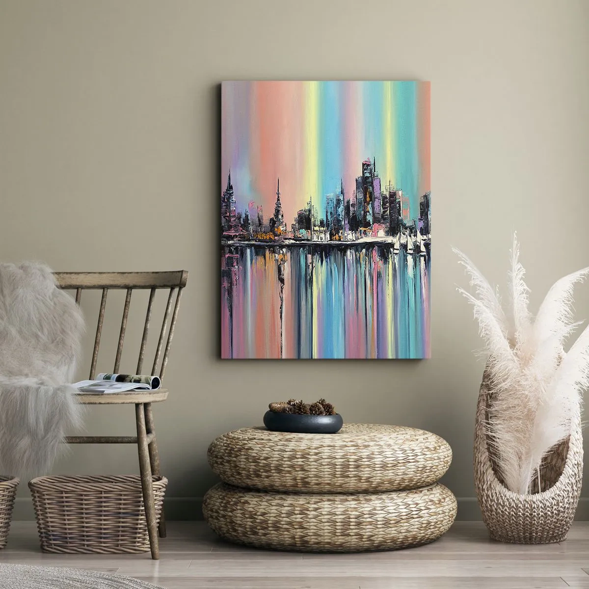 Impression sur toile - Image sur toile - Paysage urbain coloré avec reflet sur l'eau - 70x100cm - Noyé par la lumière de la nuit - Décoration murale moderne pour le salon et la chambre ARTTOR