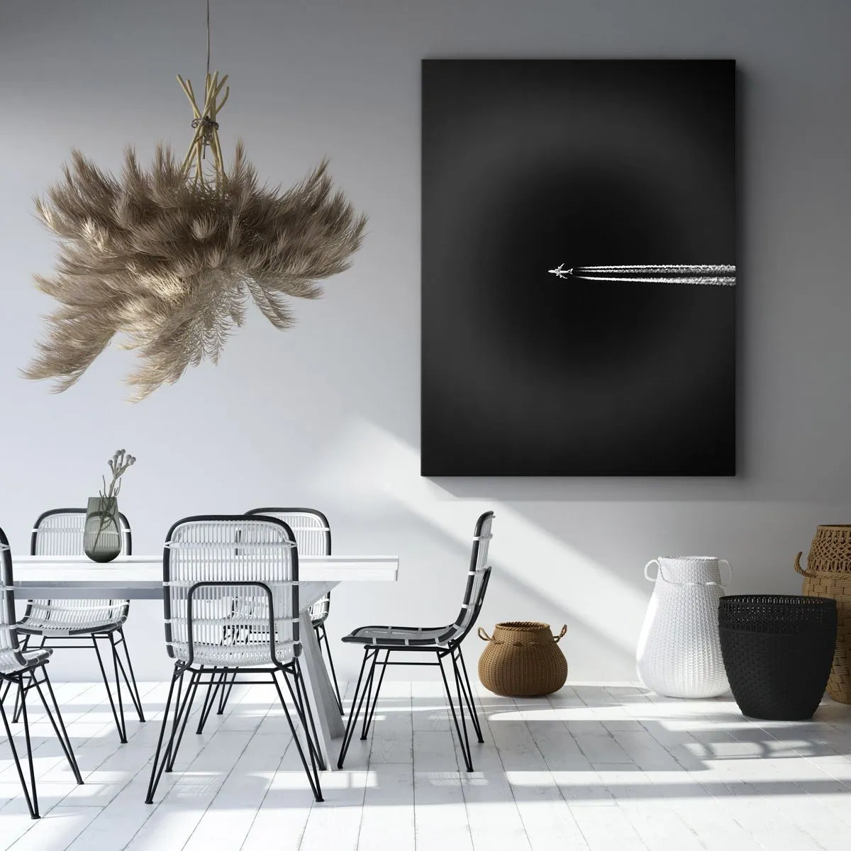 Impression sur toile - Image sur toile - Un avion à réaction avec une traînée de condensation visible sur fond noir - 50x70cm - Dans une autre dimension - Décoration murale moderne pour le salon et la chambre ARTTOR