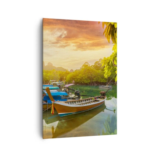 Impression sur toile - Image sur toile - Bateaux traditionnels sur une eau calme au coucher du soleil - 70x100cm - Avant une journée chargée - Décoration murale moderne pour le salon et la chambre ARTTOR