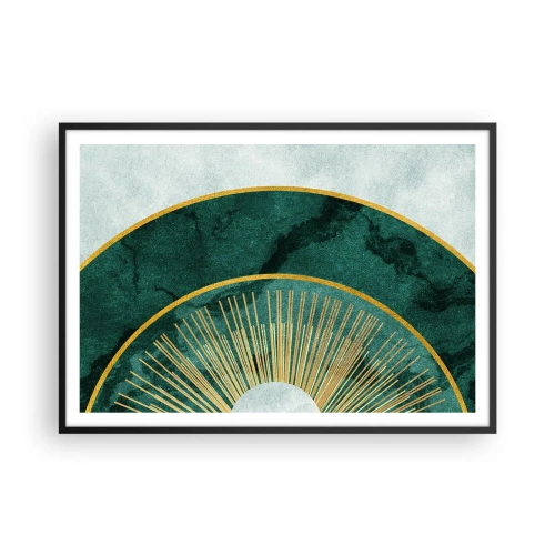 Affiche dans un cadre noir - Poster - Motif abstrait avec des cercles aux couleurs émeraude et or. - 100x70cm - Un autre système solaire - Décoration murale moderne pour le salon et la chambre ARTTOR