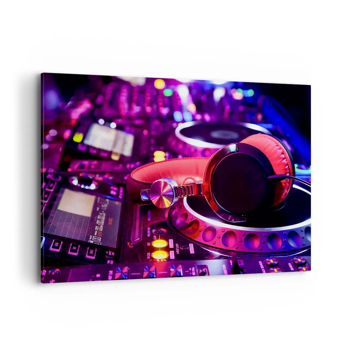 Impression sur toile - Image sur toile - Casque DJ sur une console avec éclairage néon - 100x70cm - Avant que le plaisir ne commence - Décoration murale moderne pour le salon et la chambre ARTTOR