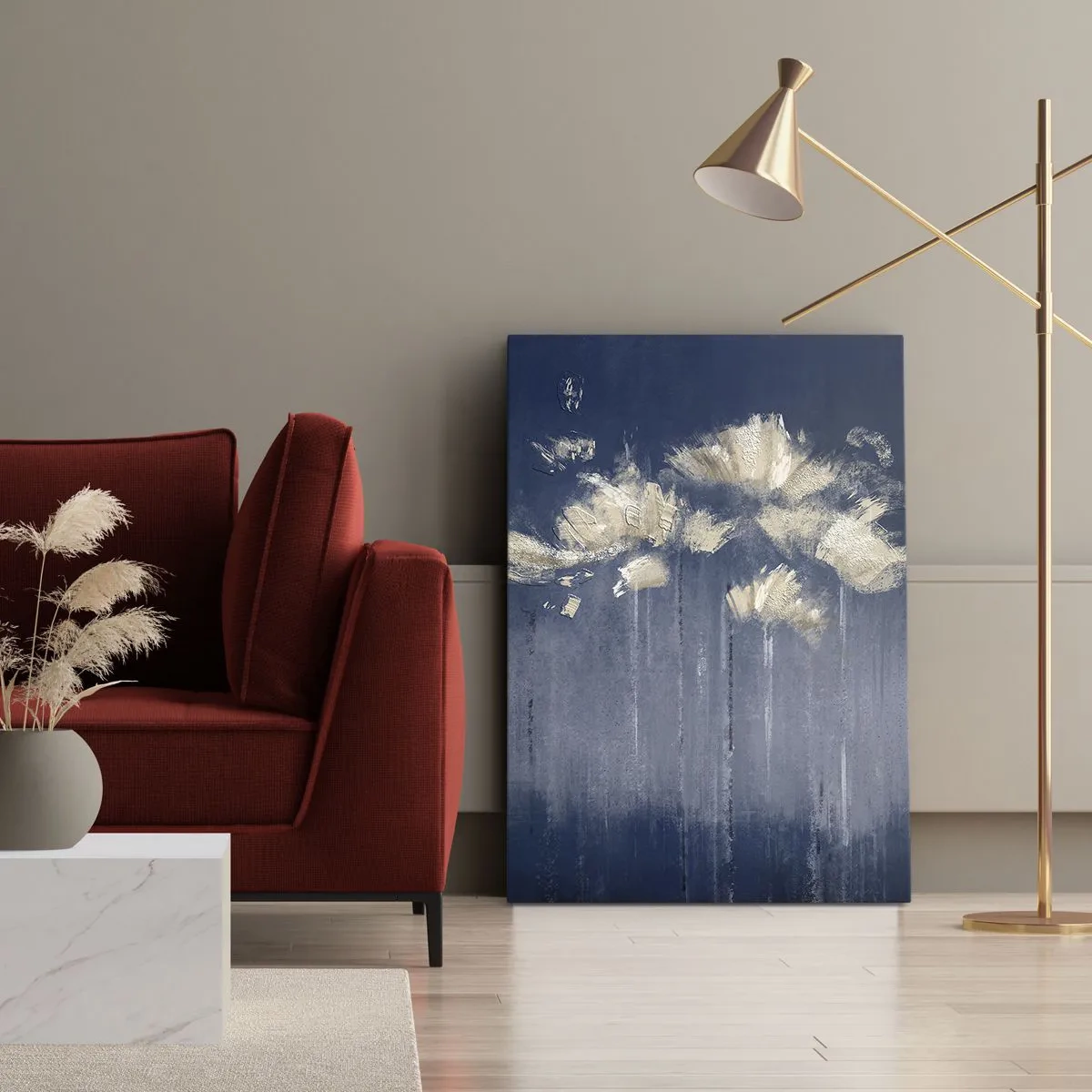 Impression sur toile - Image sur toile - Fleurs délicates sur fond bleu - 50x70cm - Comme des pétales au vent - Décoration murale moderne pour le salon et la chambre ARTTOR