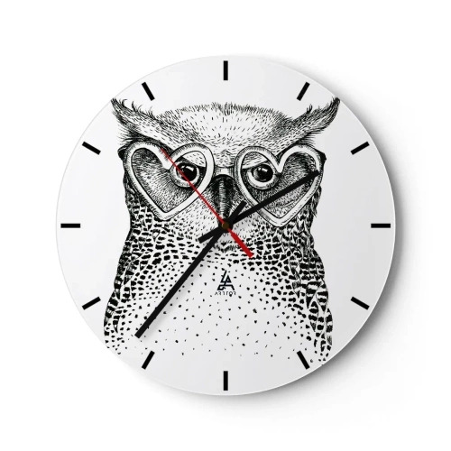 Horloge murale - Pendule murale - Chouette avec des lunettes en forme de cœur sur fond blanc - 30x30cm - Sagement et avec amour - Décoration murale moderne pour le salon, la cuisine et la chambre ARTTOR