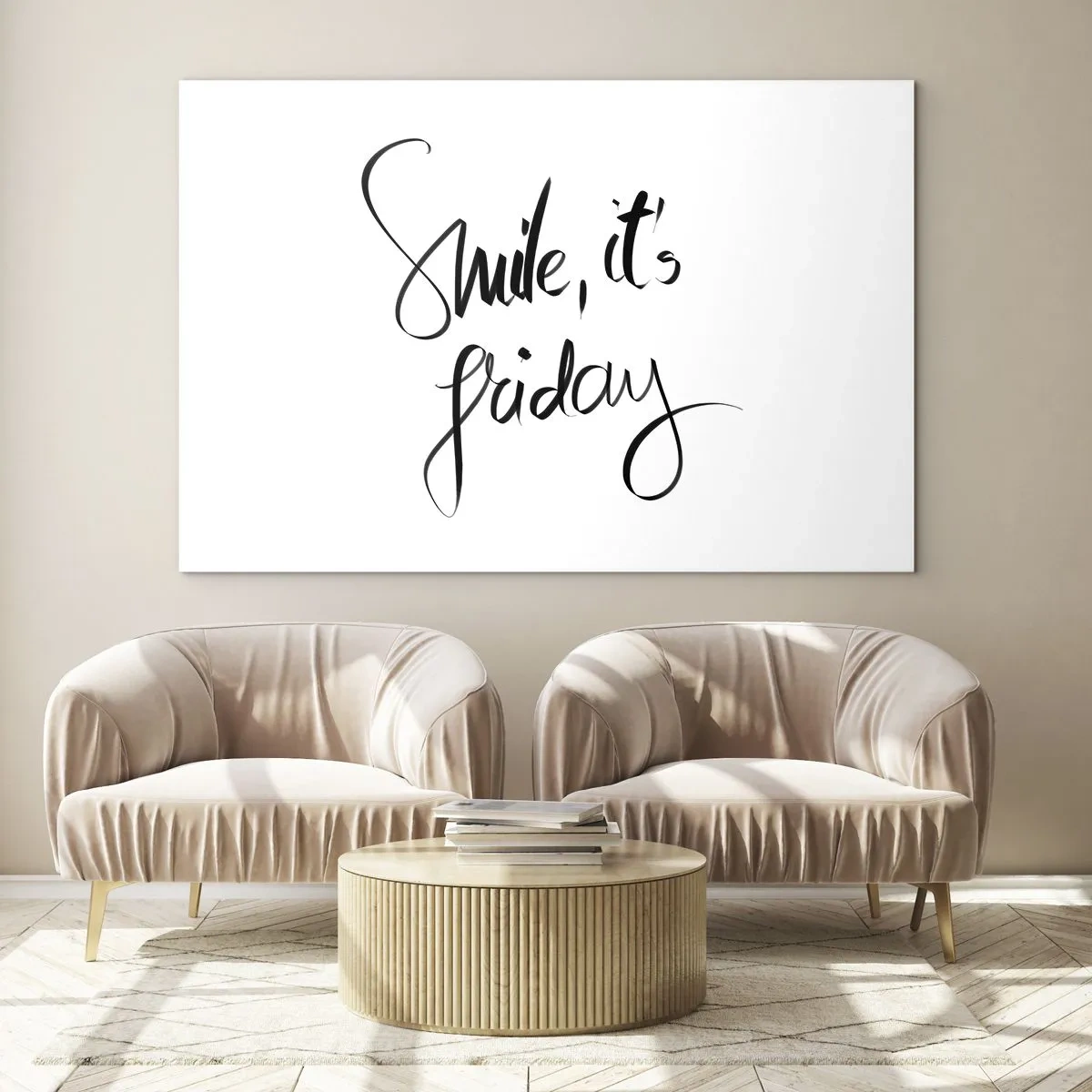 Impression sur verre - Image sur verre - Citation « Souriez, c'est vendredi » en calligraphie - 100x70cm - Joie réelle - Décoration murale moderne pour le salon et la chambre ARTTOR