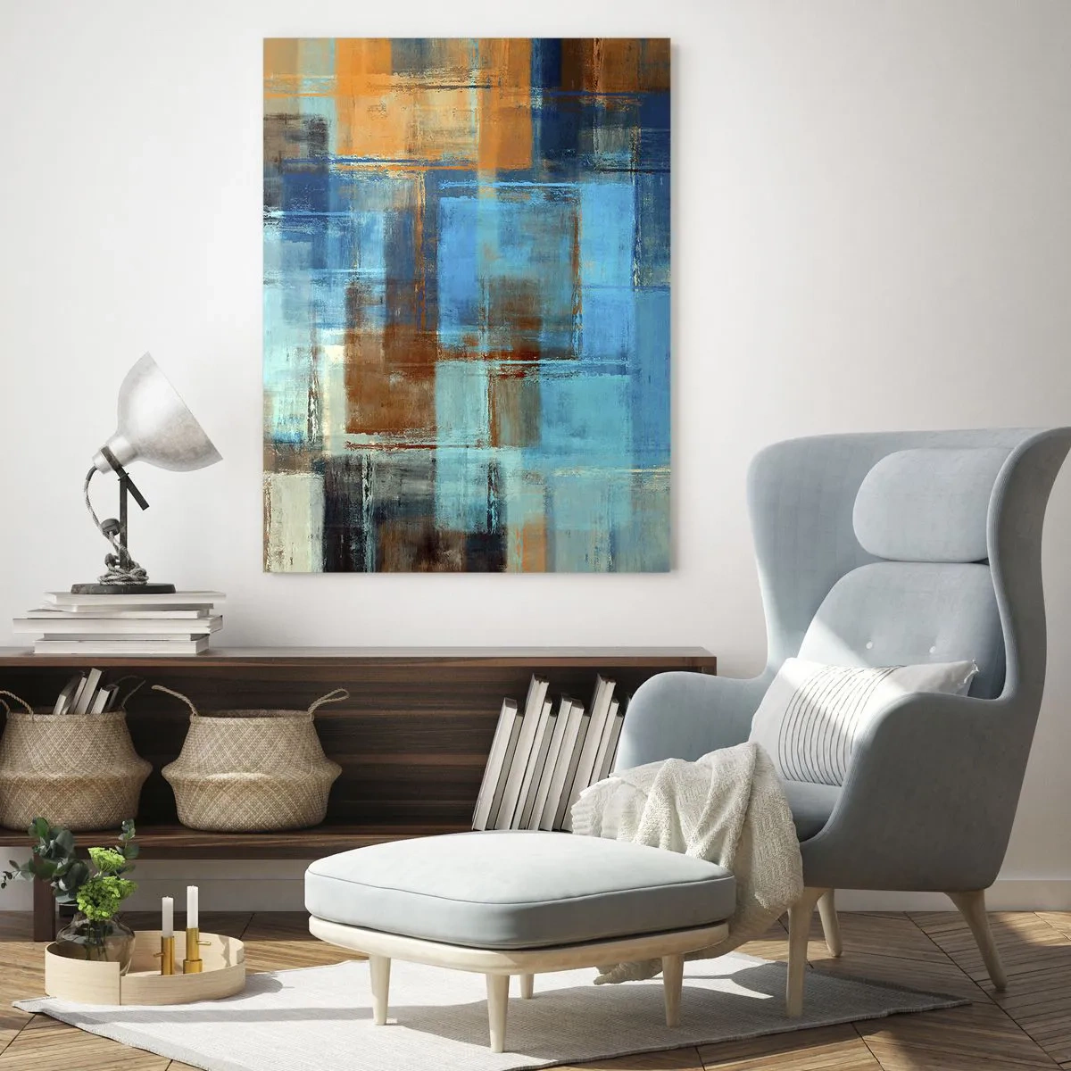 Impression sur verre - Image sur verre - Composition géométrique abstraite dans les tons de bleu et de marron - 50x70cm - A travers le voile bleu - Décoration murale moderne pour le salon et la chambre ARTTOR