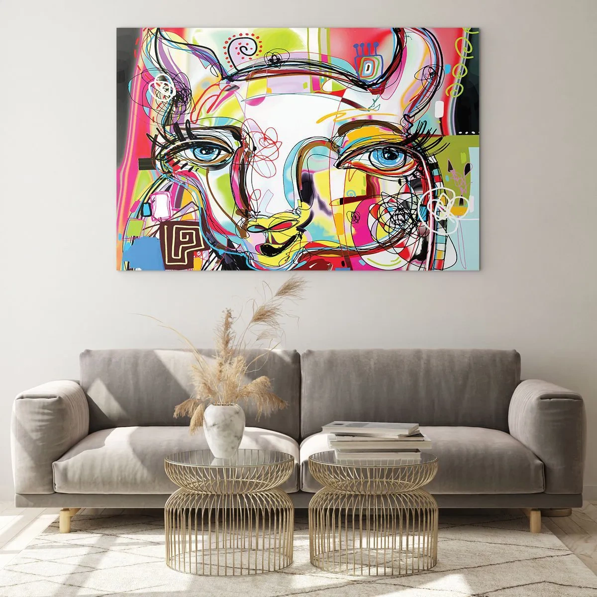 Impression sur verre - Image sur verre - Image abstraite du visage d'un chat dans une expression artistique colorée - 70x50cm - La richesse de l'Art du chat - Décoration murale moderne pour le salon et la chambre ARTTOR