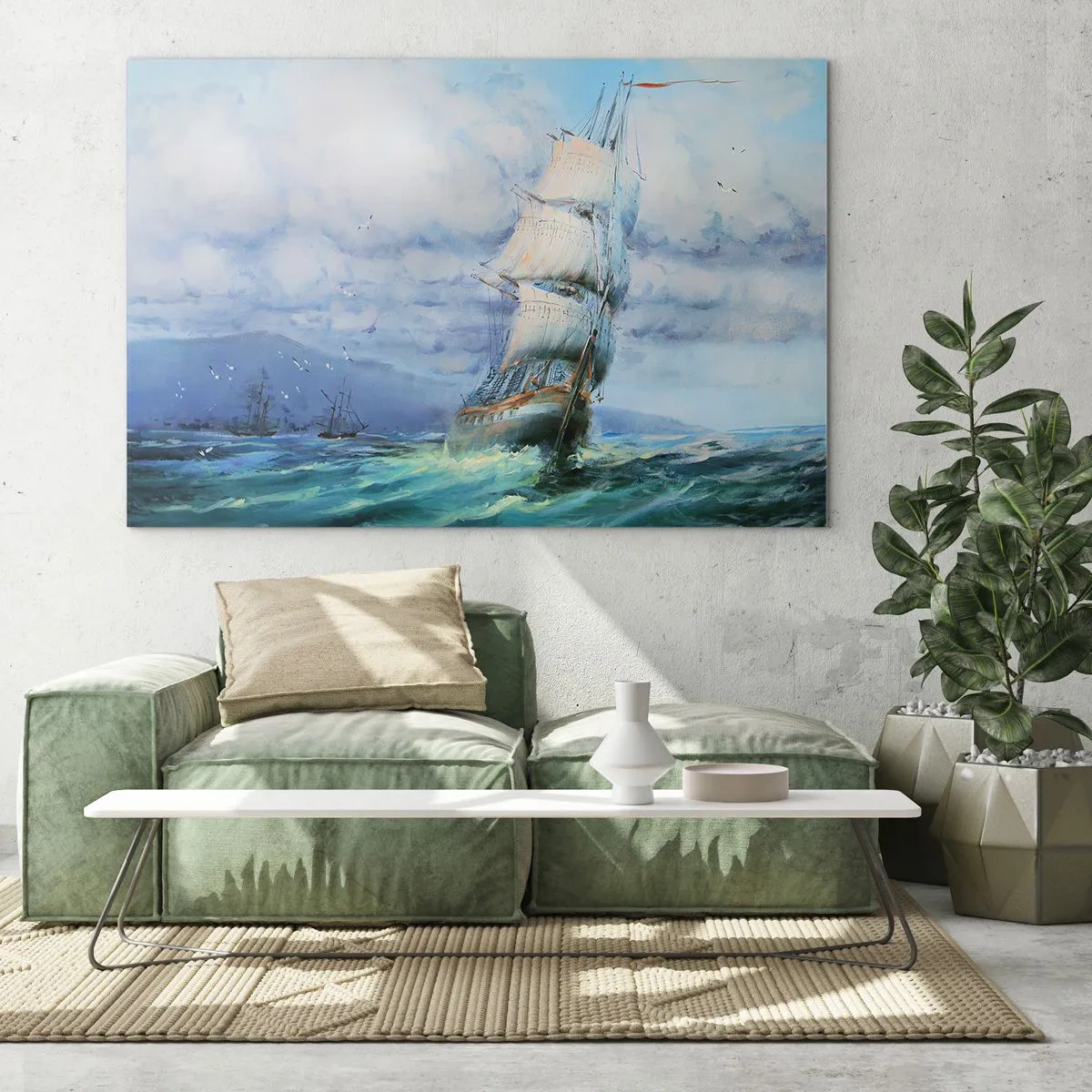Impression sur verre - Image sur verre - Un navire avec des voiles naviguant sur une mer agitée sous un ciel nuageux - 120x80cm - Vents favorables - Décoration murale moderne pour le salon et la chambre ARTTOR