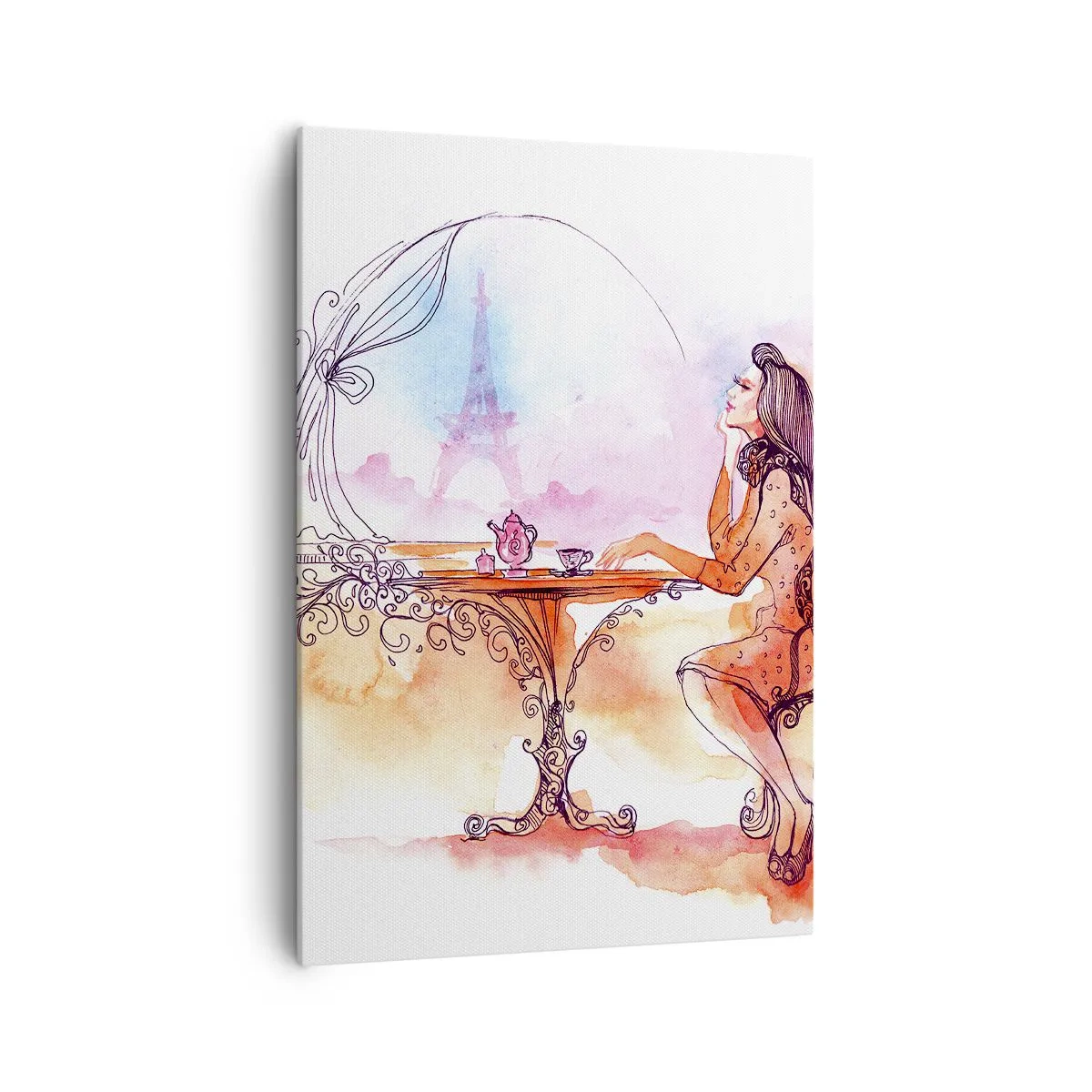Impression sur toile - Image sur toile - Aquarelle romantique d'une femme dans un café surplombant une tour - 70x100cm - Le chic parisien - Décoration murale moderne pour le salon et la chambre ARTTOR