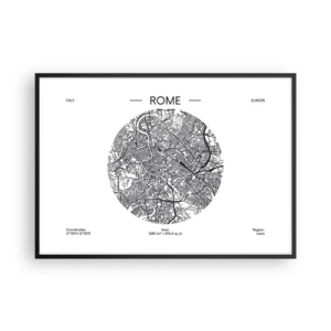 Affiche dans un cadre noir - Poster - Une carte de Rome dans un style minimaliste, noir et blanc - 100x70cm - Anatomie de Rome - Décoration murale moderne pour le salon et la chambre ARTTOR