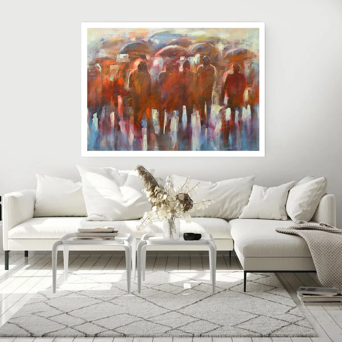 Affiche - Poster - Une foule de personnes avec des parapluies dans un décor pluvieux et artistique - 100x70cm - Identiques sous la pluie et dans le brouillard - Décoration murale moderne pour le salon et la chambre ARTTOR