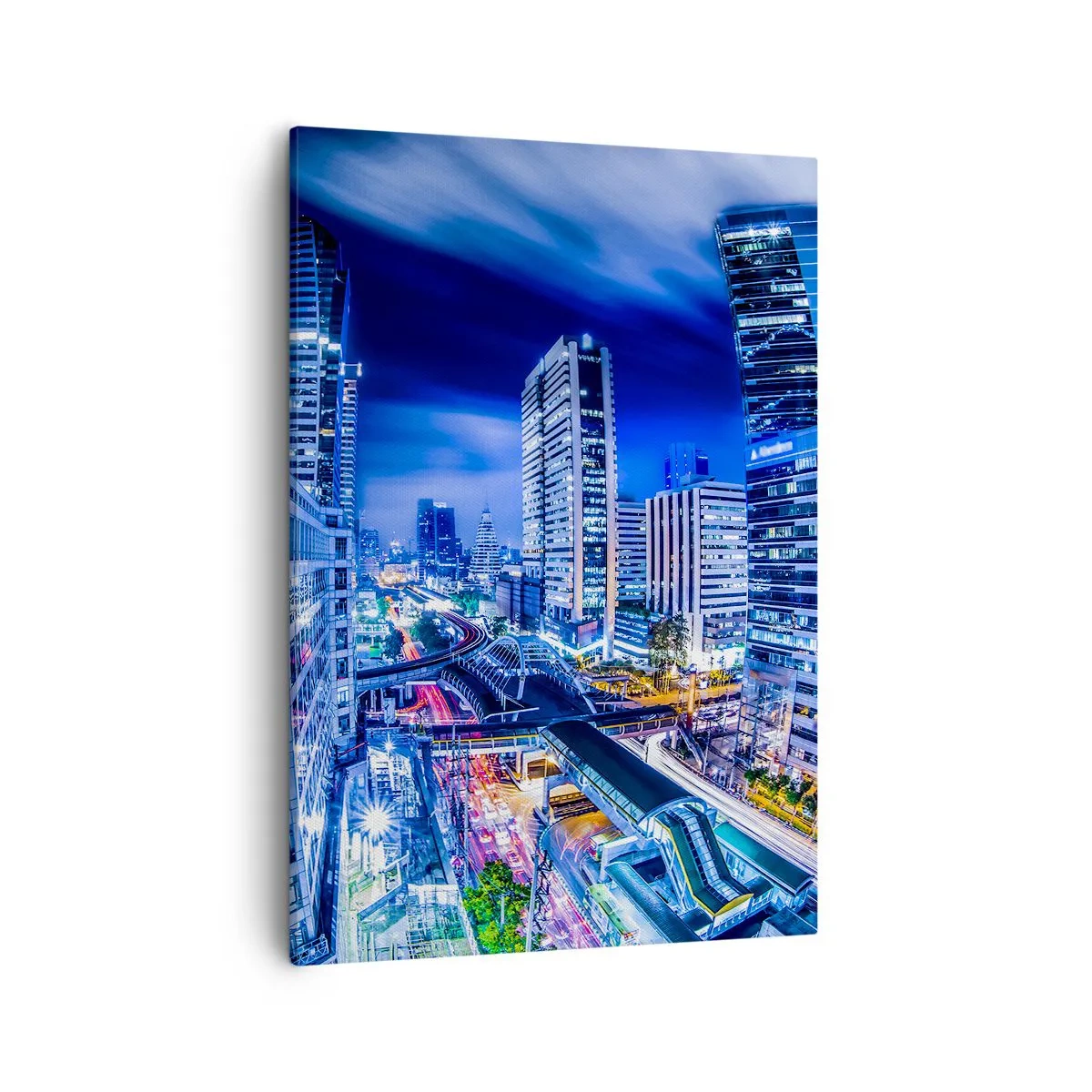 Impression sur toile - Image sur toile - Panorama nocturne de la ville avec gratte-ciels et lampadaires - 50x70cm - Rythmes de la ville nocturne - Décoration murale moderne pour le salon et la chambre ARTTOR